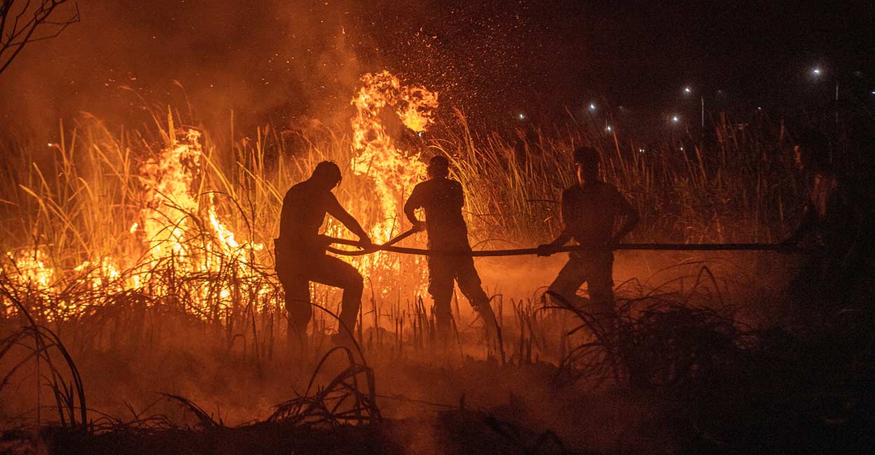 SINGAPORE-HAZE Police officers use a hose in effort to extinguish wildfires in Ogan Ilir regency, South Sumatra province, Indonesia. Photo: Antara Foto/Nova Wahyudi/via REUTERS/File