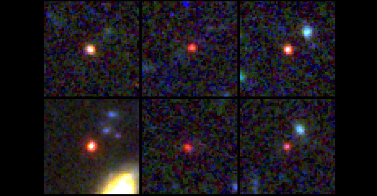 Images of six candidate massive galaxies, seen 540 million to 770 million years after the Big Bang, are shown in this undated handout image based on observations by NASA's James Webb Space Telescope. Photo. NASA, ESA, CSA, I. Labbe (Swinburne University of Technology)/Handout via REUTERS