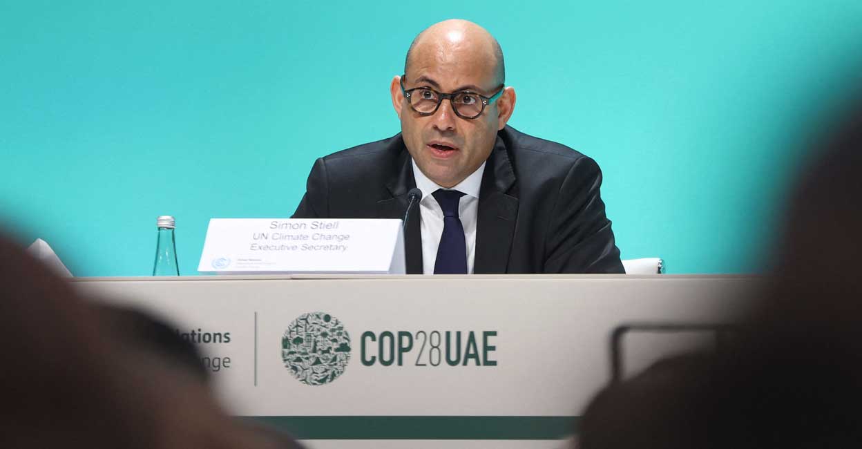 Executive Secretary of the United Nations Framework Convention on Climate Change (UNFCCC) Simon Stiell speaks during the United Nations Climate Change Conference (COP28) in Dubai. Photo: Reuters/Amr Alfiky