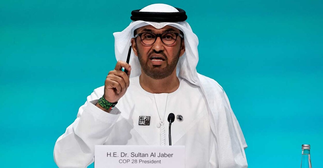 CLIMATE-UN-JABER United Arab Emirates Minister of Industry and Advanced Technology and COP28 President Sultan Ahmed Al Jaber speaks during a press conference. Photo: Reuters/Thaier Al-Sudani/File