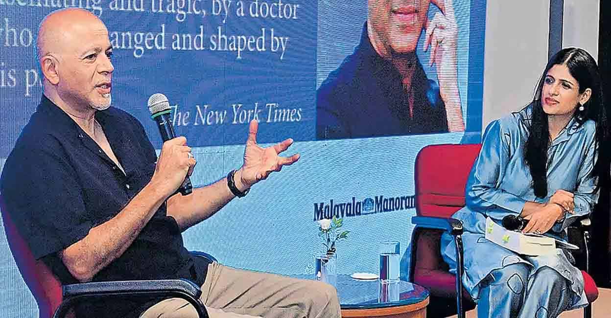 Dr Abraham Verghese (L) speaks about his latest book 'The Covenant of Water'  during an interactive session moderated by Ashika Mathew (R). Photo: Manorama