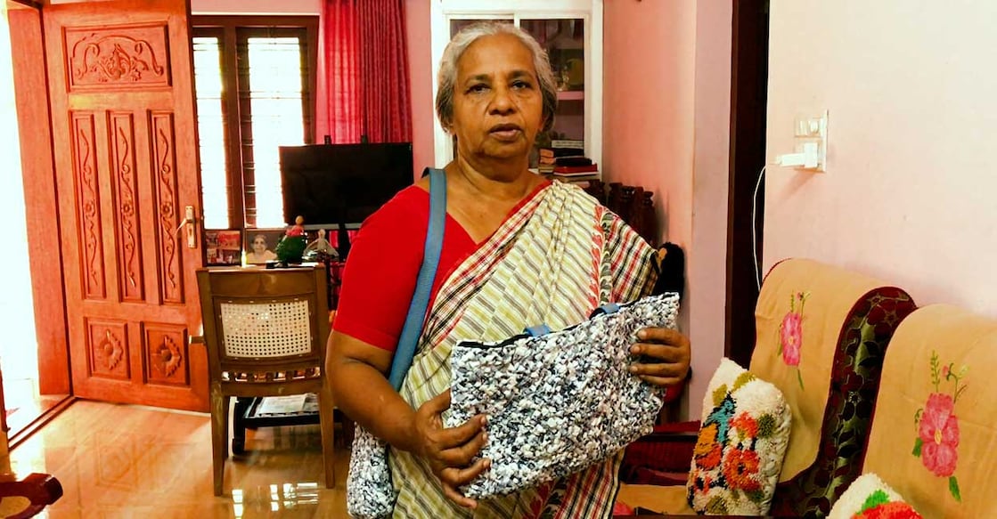 Leelamma Mathew has developed a unique craft of turning discarded plastic sachets of Milma products into items of everyday use. Photo: Special arrangement