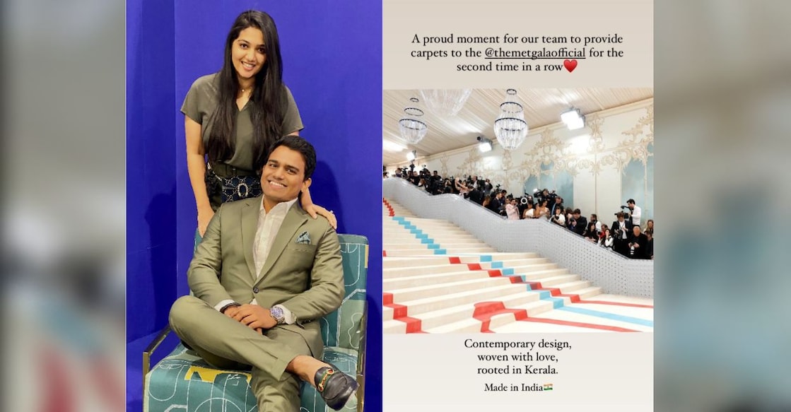 The white carpet with its swirling blue and red stripes, was designed by Neytt, a Kerala-based brand founded by Sivan Santhosh and Nimisha Srinivas. Photo: Special Arrangement