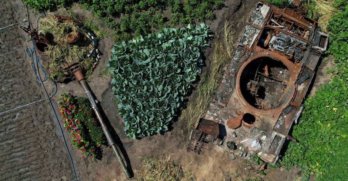 A Russian tank, destroyed during Russia's attack on Ukraine, is seen in a backyard garden of a local resident Valerii in the village of Velyka Dymerka, Kyiv region. Photo: Reuters/Valentyn Ogirenko/File