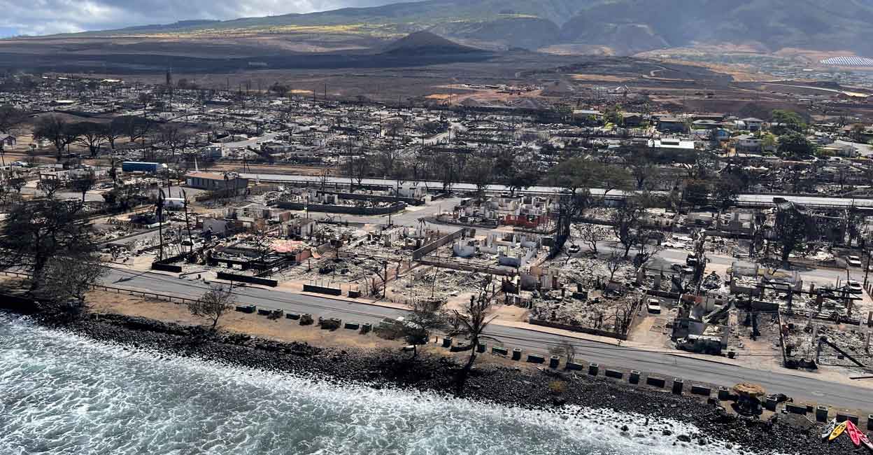 The shells of burned houses and buildings are left after wildfires driven by high winds burned across most of the town in Lahaina, Maui, Hawaii. Hawai'i Department of Land and Natural Resources/Handout via REUTERS