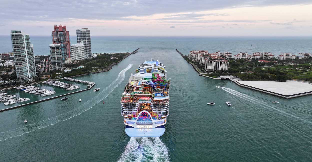 ROYAL-CARIBBEAN-ICON-OF-THE-SEAS Royal Caribbean's Icon of the Seas, the largest cruise ship in the world, sets sail for its inaugural voyage with passengers in Miami on January 27, 2024. Photo: Reuters/Maria Alejandra Cardona