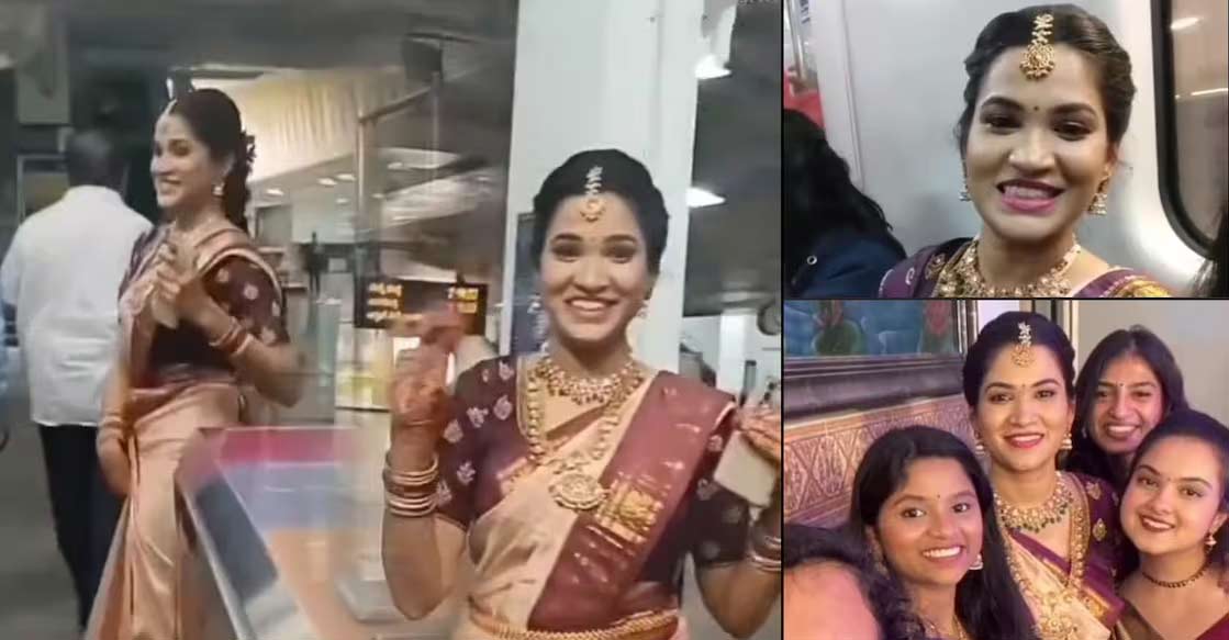 When a bride's vehicle stuck in the traffic block she took a metro to reach the venue on time