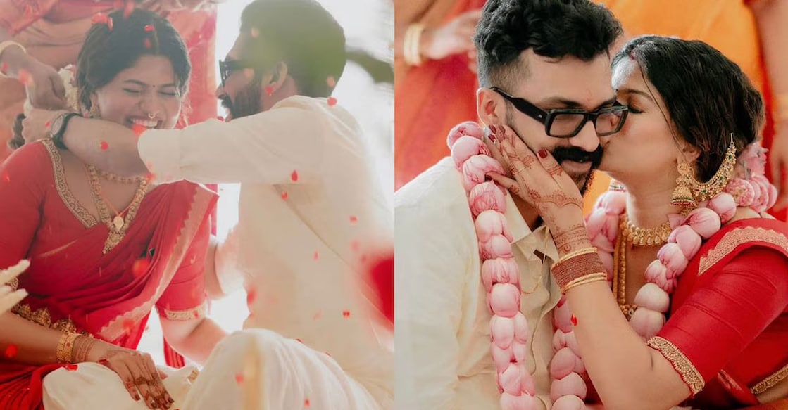 arjou-weds-c Aparna wore a red sari for the wedding, while Arjun wore a cream-coloured shirt and 'kasavu mundu'. Photo: arjyou_/ Instagram