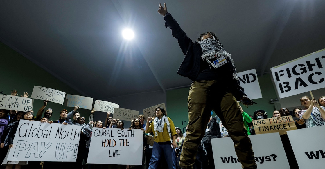 Activists shout slogans during a protest action at the COP29 United Nations climate change conference, in Baku, Azerbaijan. Photo: Reuters/Maxim Shemetov