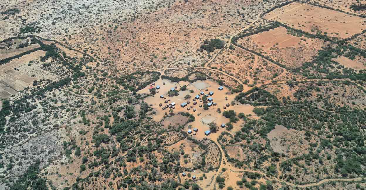 MADAGASCAR-CLIMATE-DROUGHT-HUNGER A photograph taken in February 2024 shows an aerial view of a village in southern Madagascar's Anosy region. Photo: Sarah TETAUD / AFP