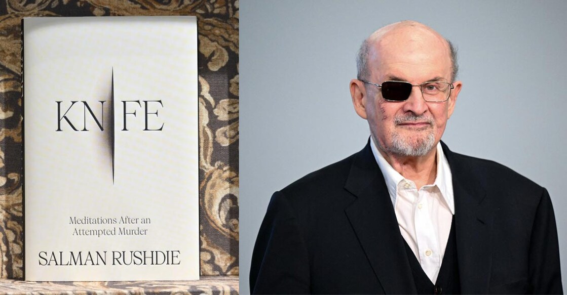 Salman Rushdie recounts the attack on him in 2022 in his latest book, 'Knife'. Combo image of the book 'Knife' (Photo: ANGELA WEISS / AFP) and Salman Rushdie (Photo: Kirill KUDRYAVTSEV / AFP)