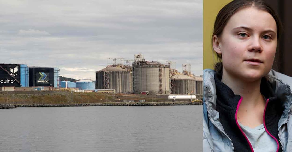 Combo image of climate activist Greta Thunberg (R) Photo: Reuters/Isabel Infantes/file and Kaarstoe gas processing plant. Reuters/Gwladys Fouche/file
