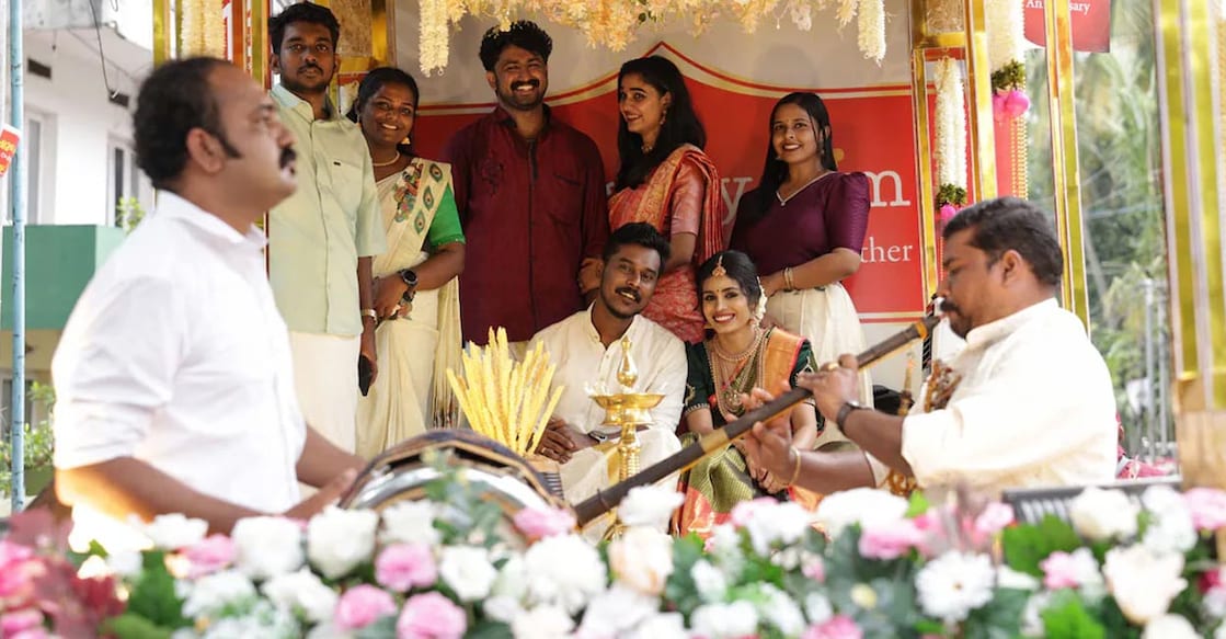 ma4mary-wedding-athachamayam-01-c Arun and Pooja, M4Marry's Couple of the Year, grace the Athachamayam procession in Thripunithura. Photo: Manorama