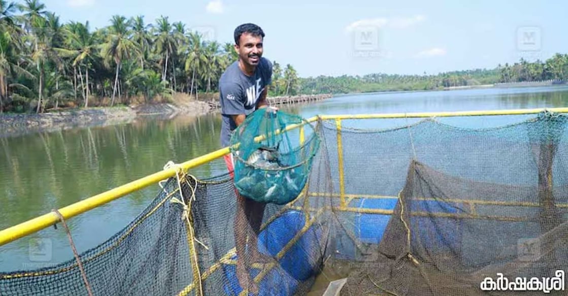 Dinil Prasad, after completing a five-year tenure in the artillery division of the army, accidentally learned about the fish cage farming initiative organized by the CMFRI. Photo: Karshakasree/Manorama