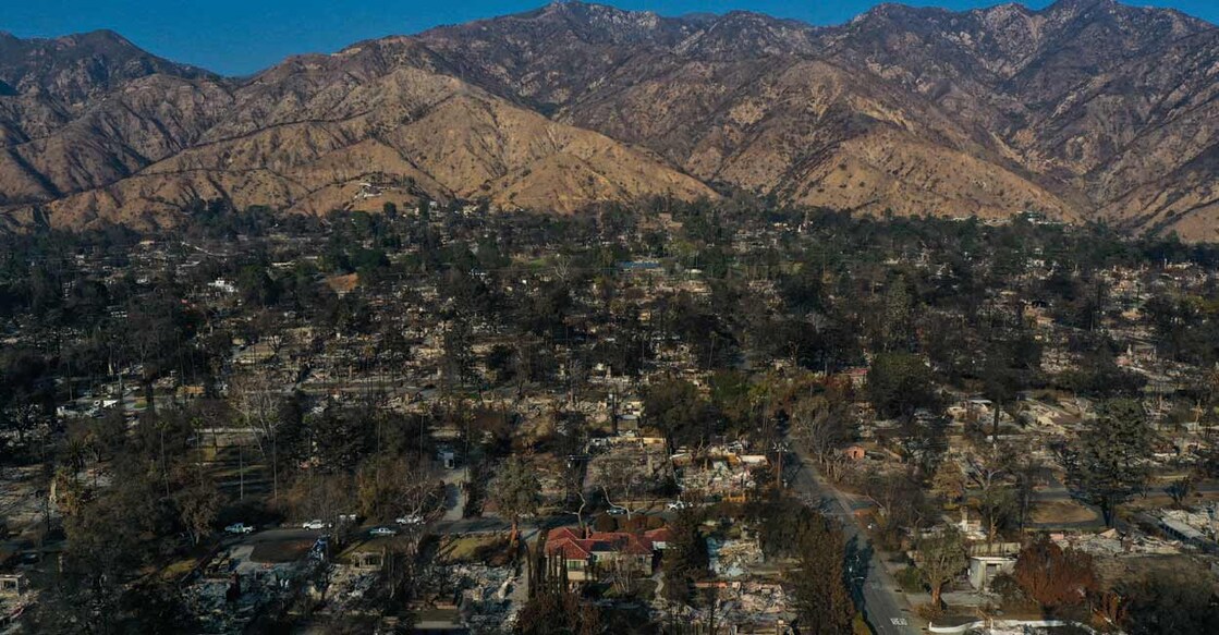 An aerial image shows homes damaged and destroyed by the Eaton Fire in the Altadena neighborhood of Los Angeles county, California. Photo: Patrick T Fallon / AFP