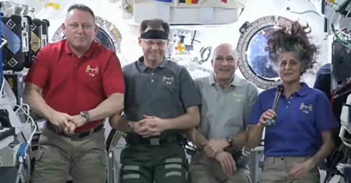 Image from a NASA video shows astronauts, from L to R, Butch Wilmore, Nick Hague, Don Pettit and Suni Williams aboard the ISS as they speak with NASA Administrator Bill Nelson on January 8, 2025.
