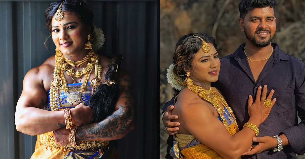 Chitra chose a Kanchipuram silk saree in shades of yellow and blue for her wedding attire. Photo: instagram.com/chitra_purushotham