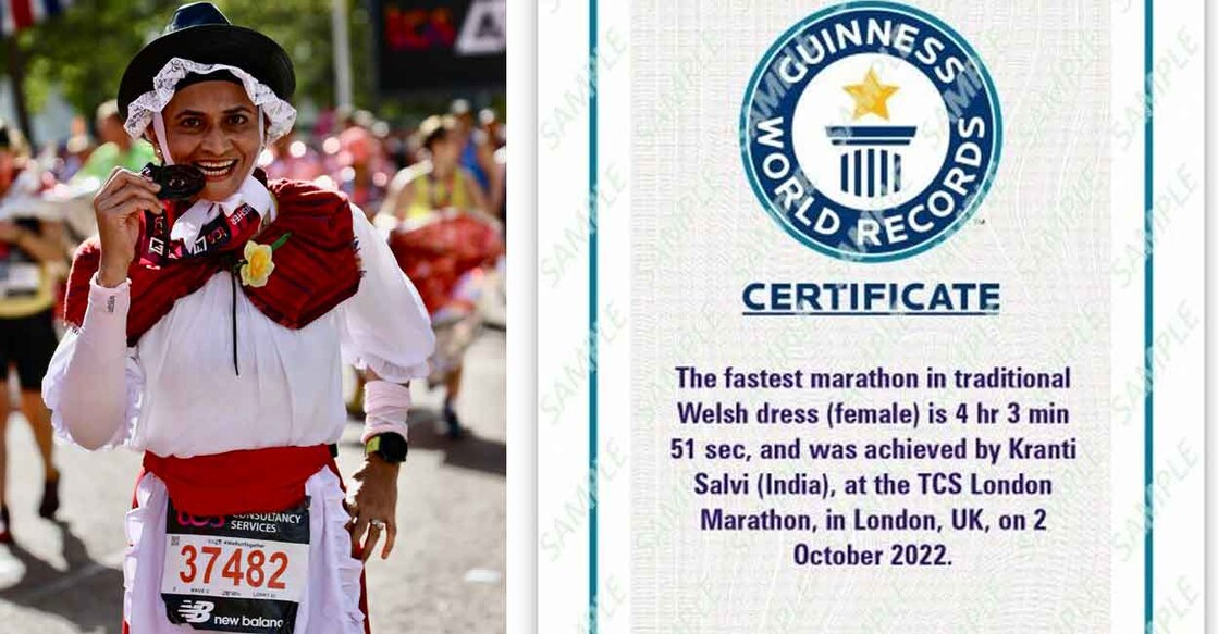 Kranti Salvi at the iconic TCS London Marathon (L) and the certificate