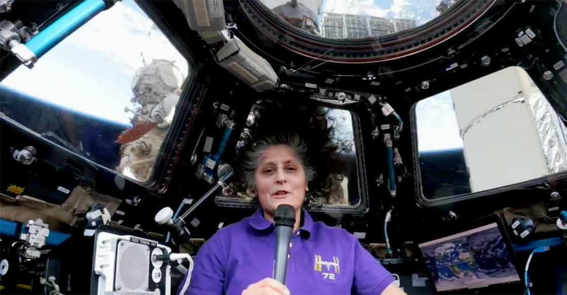 Sunita Williams speaks about Deepavali via video from the International Space Station, at a reception celebrating Deepavali hosted by President Joe Biden, in the East Room of the White House in Washington. Photo: PTI