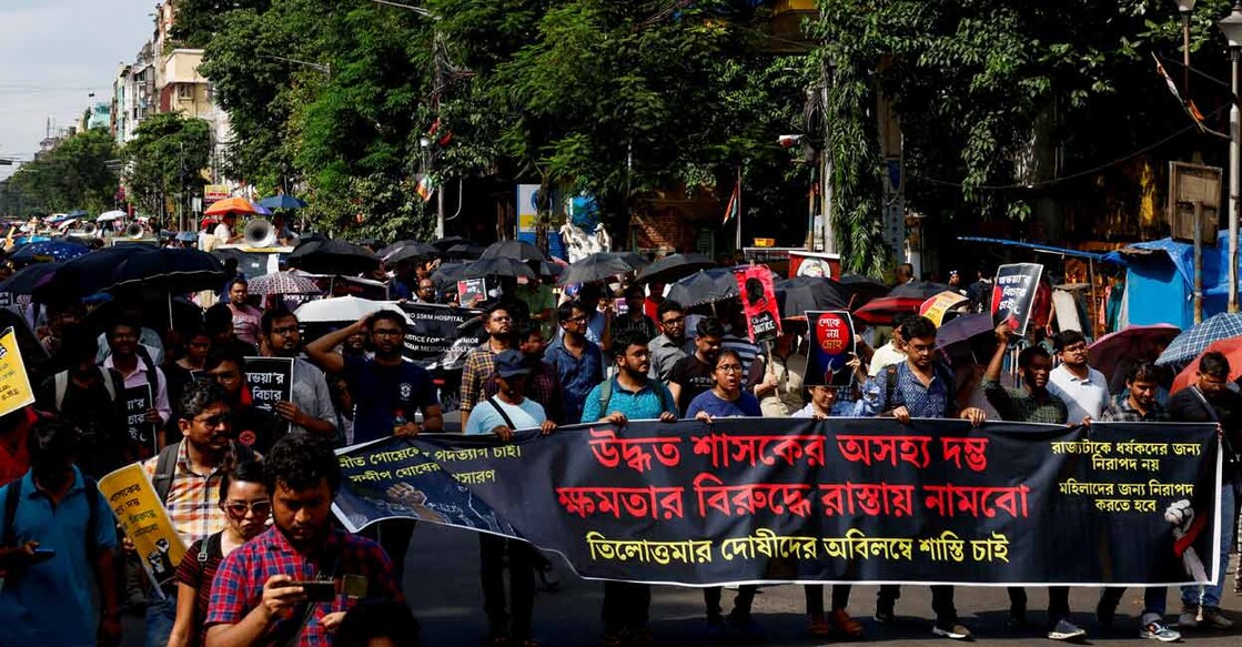 Medics march along a street during a protest condemning the rape and murder of a trainee medic at a government-run hospital, in Kolkata. Photo: Reuters