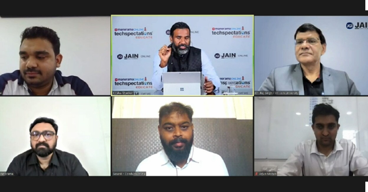Panel discussion on the topic, 'Online Upskilling Challenges & Vision Beyond 2021'.  Participants include Arjun Mohan, CEO–India, upGrad; Dr Raj Singh, Vice Chancellor, Jain (Deemed-to-be University); Sasank Potturu, CEO, Conduira; Dr Rajeev Ramachandran, Business Head – Horizon, Manorama; and Tom Joseph, Director – New Initiatives, Jain (Deemed-to-be-University).