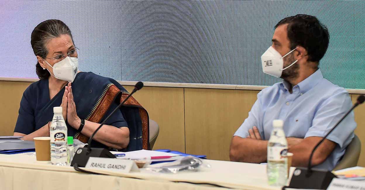 Congress President Sonia Gandhi presides over a meeting of AICC general secretaries, at the party headquarters in New Delhi, Tuesday, Oct 26, 2021. Party leader Rahul Gandhi is also seen. PTI