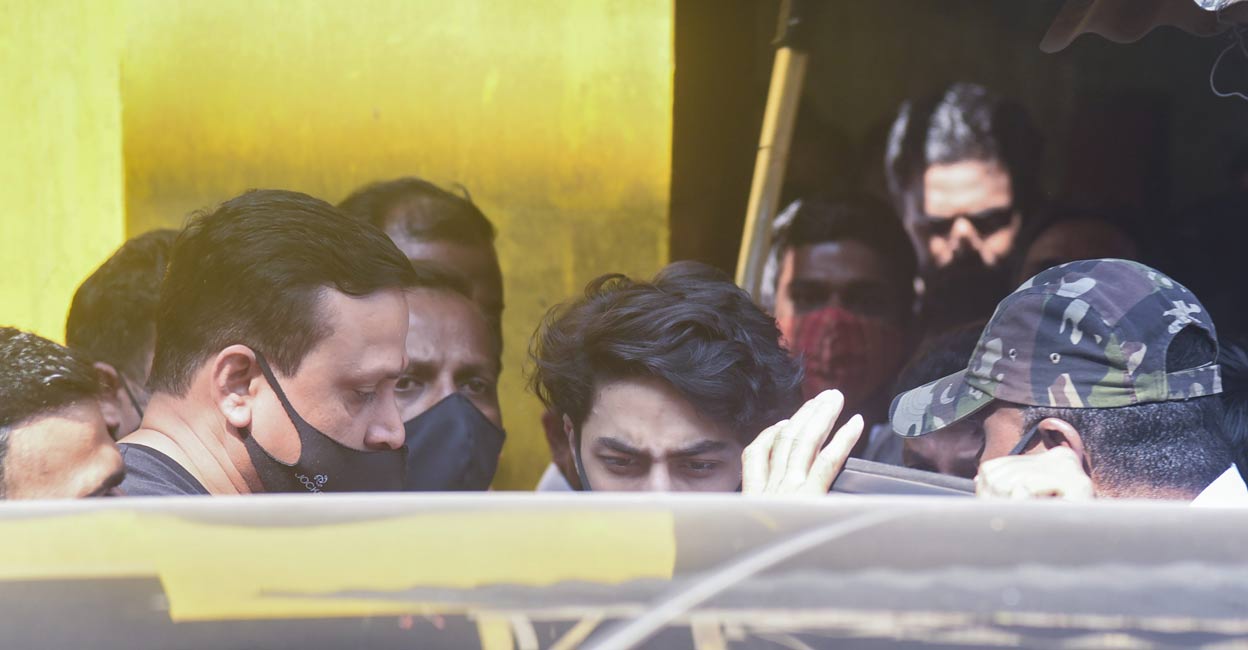 Aryan Khan (centre), son of actor Shah Rukh Khan, after being released from the Arthur Road jail on bail, in Mumbai, Saturday, Oct. 30, 2021. PTI