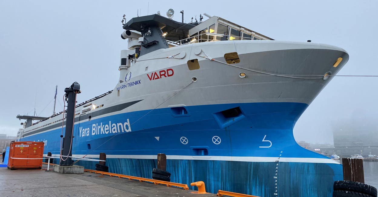 Yara Birkeland, the world's first fully electric and autonomous container vessel, is moored in Oslo, Norway. REUTERS/Victora Klesty