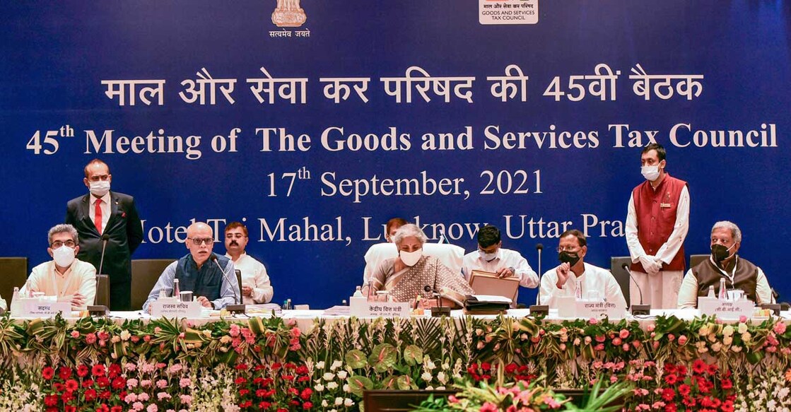 Finance Minister Nirmala Sitharaman chairs the 45th GST Council meeting in Lucknow Friday. PTI