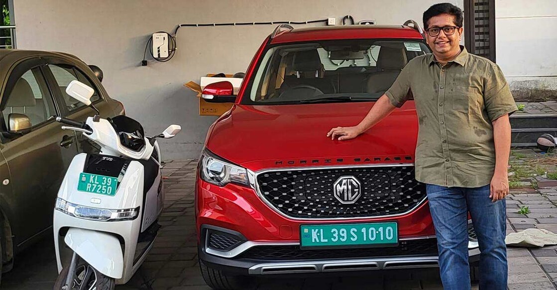 Jeethu Joseph with his electric vehicles.
