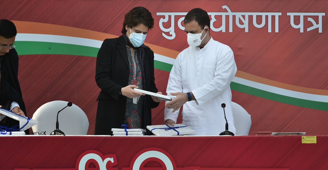 Congress General secretary Priyanka Gandhi Vadra and Senior Congress leader Rahul Gandhi Congress General Secretary Priyanka Gandhi Vadra and Senior Congress leader Rahul Gandhi launch Youth Manifesto of UPCC. Photo: PTI/Arun Sharma