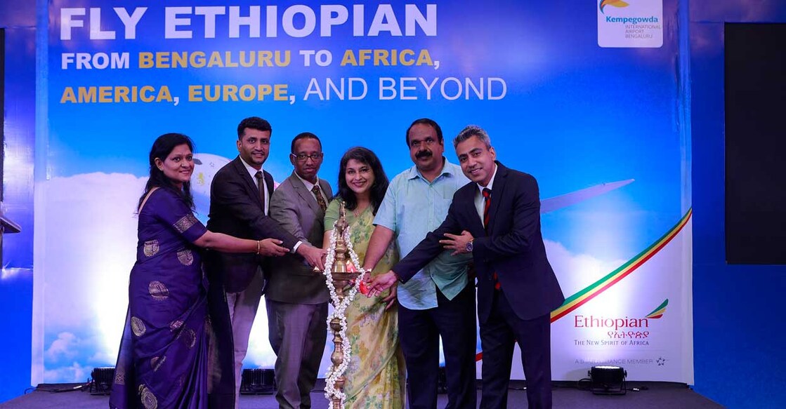 Addisu Ermias, Traffic & Sales Manager, South India, Ethiopian Airlines and Anju Wariah, Director, Group Business Development, Ethiopian Airlines, STIC GSA inaugurate the agency seminar hosted by Ethiopian Airlines in Kochi. Also seen are Geetha Krishnan, Kerala Sales Head; Sreenivasan Jayaseelan, Regional Manager, South India; Poulose Mathew, Chairman, TAFI Kerala Chapter and Sandeep Meena, Manager Sales India, Ethiopian Airlines STIC GSA. Photo: Special Arrangement