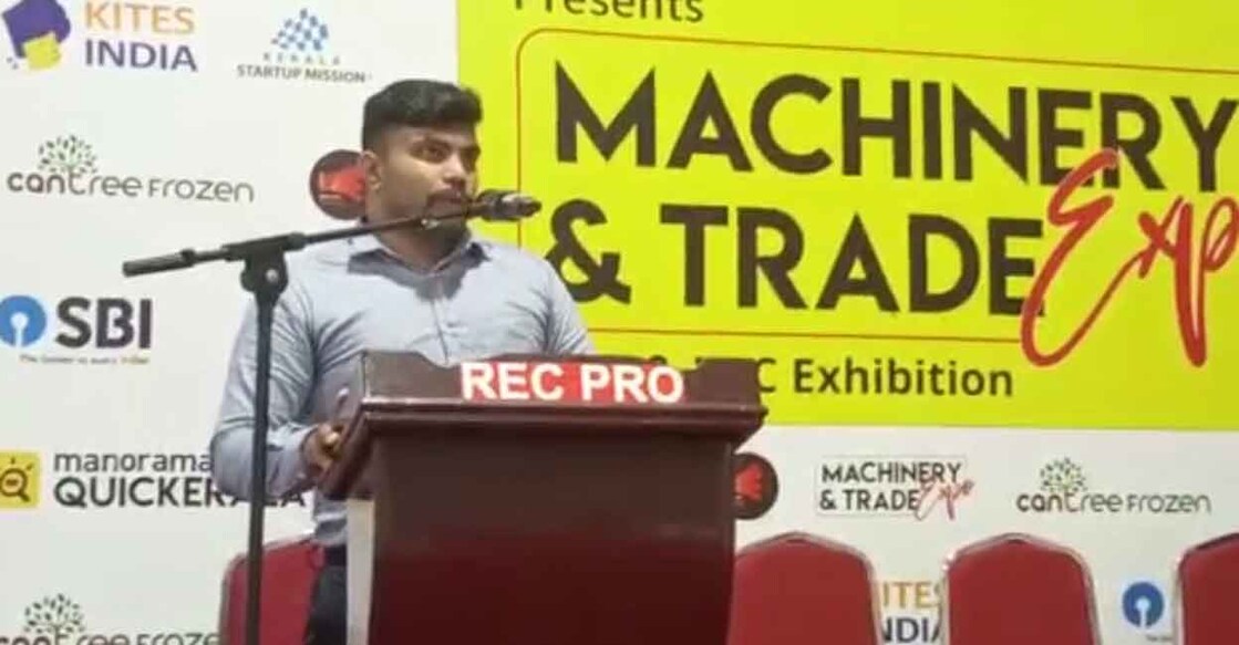Muhammed Sabeel K K, managing director, Cantree Frozen LLP, speaks at a seminar held as part of the Manorama Quickerala Machinery & Trade Expo. Photo: Onmanorama
