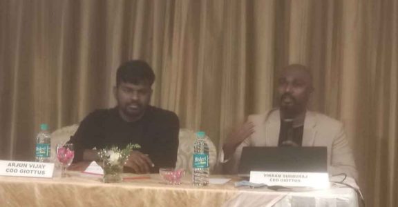 Giottus CEO Vikram Subburaj and COO Arun Vijay address media in Kochi on Tuesday.