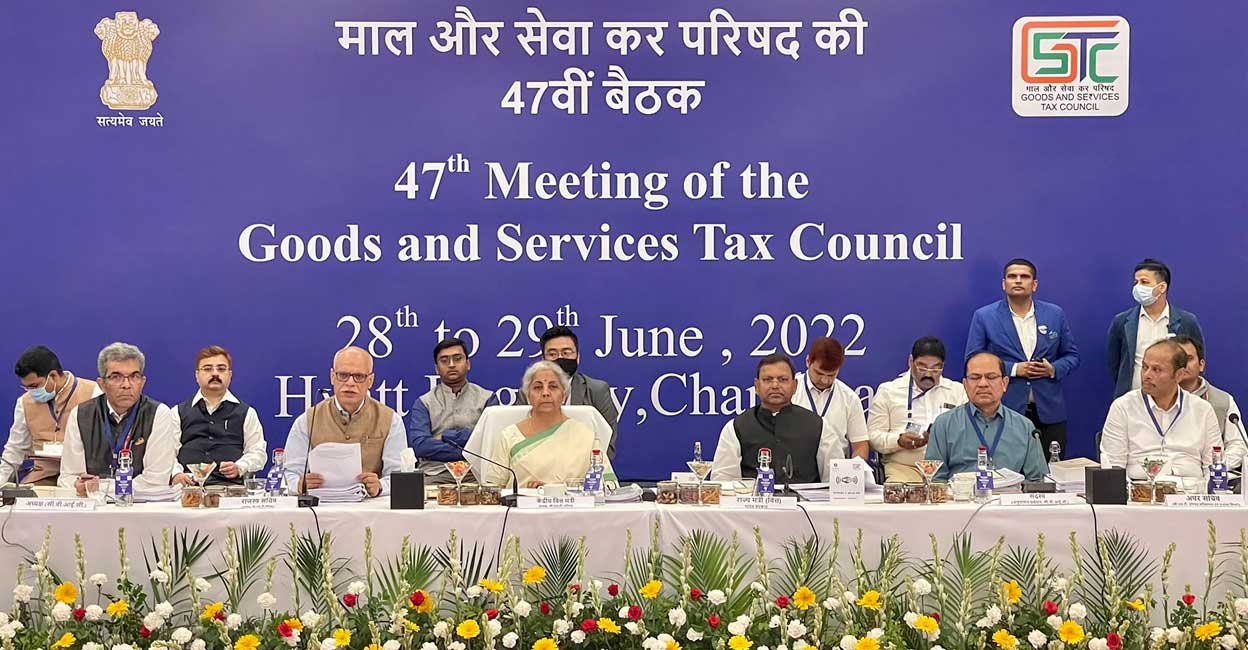 Union Finance Minister Nirmala Sitharaman chairs the 47th meeting of Goods and Services Tax (GST) Council, in Chandigarh, Tuesday, June 28, 2022. Photo: PTI