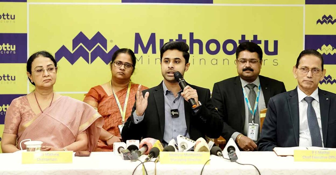 Mathew Muthoottu, Managing Director, Muthoottu Mini Financiers Ltd briefing media at the press conference at Kochi. Chairperson Nizzy Mathew,  CEO P E Mathai, COO Sreejil Mukund,CFO Ann Mary George were also present. Photo: Special arrangment