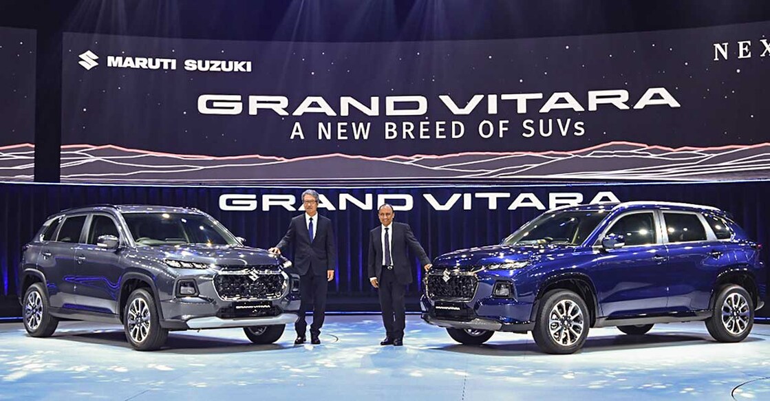 Hisashi Takeuchi (L), MD & CEO of Maruti Suzuki India Limited, and Shashank Srivastava, Senior Executive Director, Marketing & Sales of Maruti Suzuki India Limited, during the global unveil of the Maruti Suzuki 'Grand Vitara' SUV, in Gurugram, Wednesday, July 20, 2022. Photo: PTI