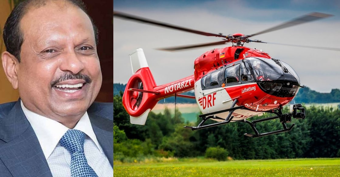 Yusuff Ali (left) and H145 helicopter (right). Helicopter photo: Airbus website
