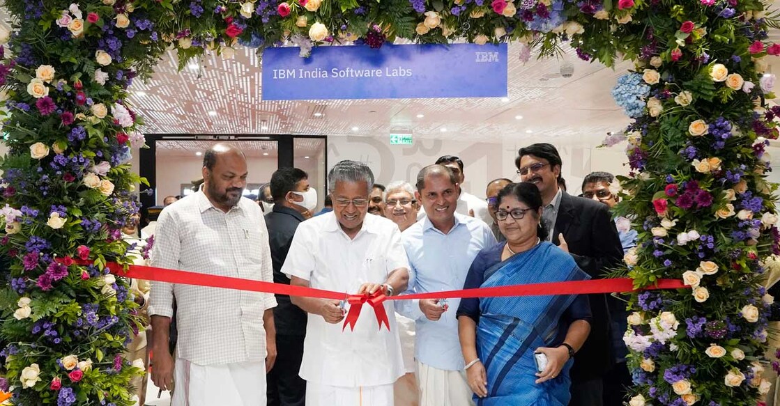 Chief Minister Pinarayi Vijayan with ministers P Rajeeve and R Bindu and IBM leaders at the inauguration of IBM India Software Labs at Infopark, Kochi on Friday. Photo: Special arrangement