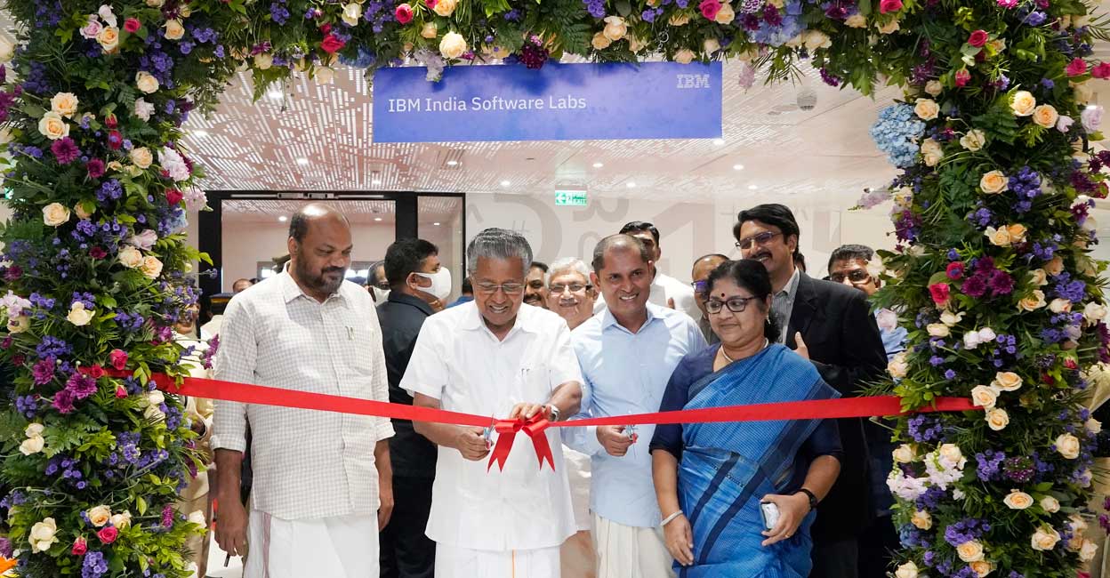 Chief Minister Pinarayi Vijayan with ministers P Rajeeve and R Bindu and IBM leaders at the inauguration of IBM India Software Labs at Infopark, Kochi on Friday. Photo: Special arrangement
