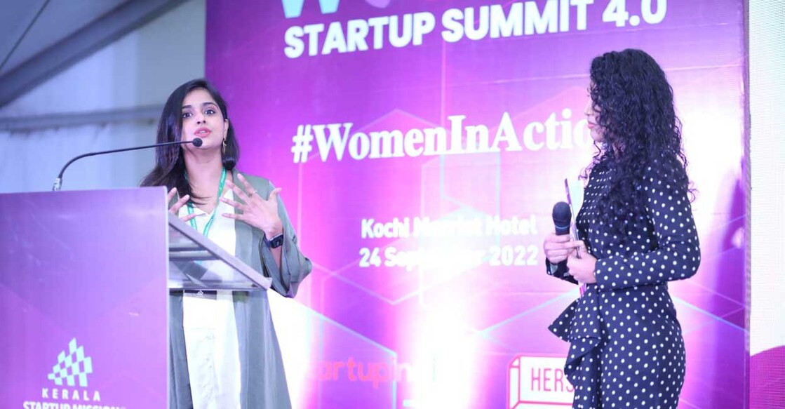 Actress-danseuse Remya Nambeesan speaks at '2022 Women Startup Summit 4.0’ organised by Kerala Startup Mission at Edappally in Kochi on September 24, Saturday. Photo: Special arrangement