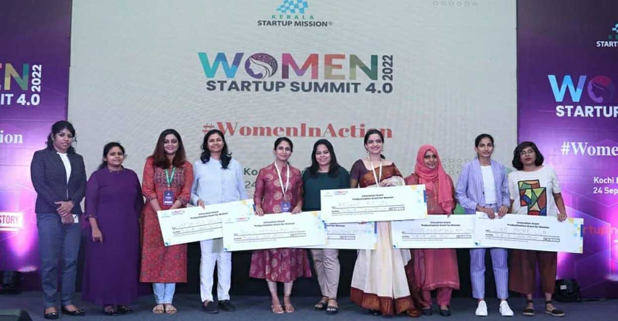 The founders of nine companies that won KSUM's productization grant of Rs 12 lakh each at the two-day ‘Women Startup Summit 4.0, 2022’ which concluded on September 24 (Saturday) at Edappally in Kochi. Photo: KSUM