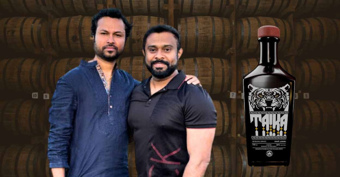 Sajeesh Joseph (L) from Fort Kochi and Ajith Padmakumar (R) from Vaikom in Kottayam have co-founded Taika Distillery Inc which produces the liquor brand.  Photo: Special arrangement