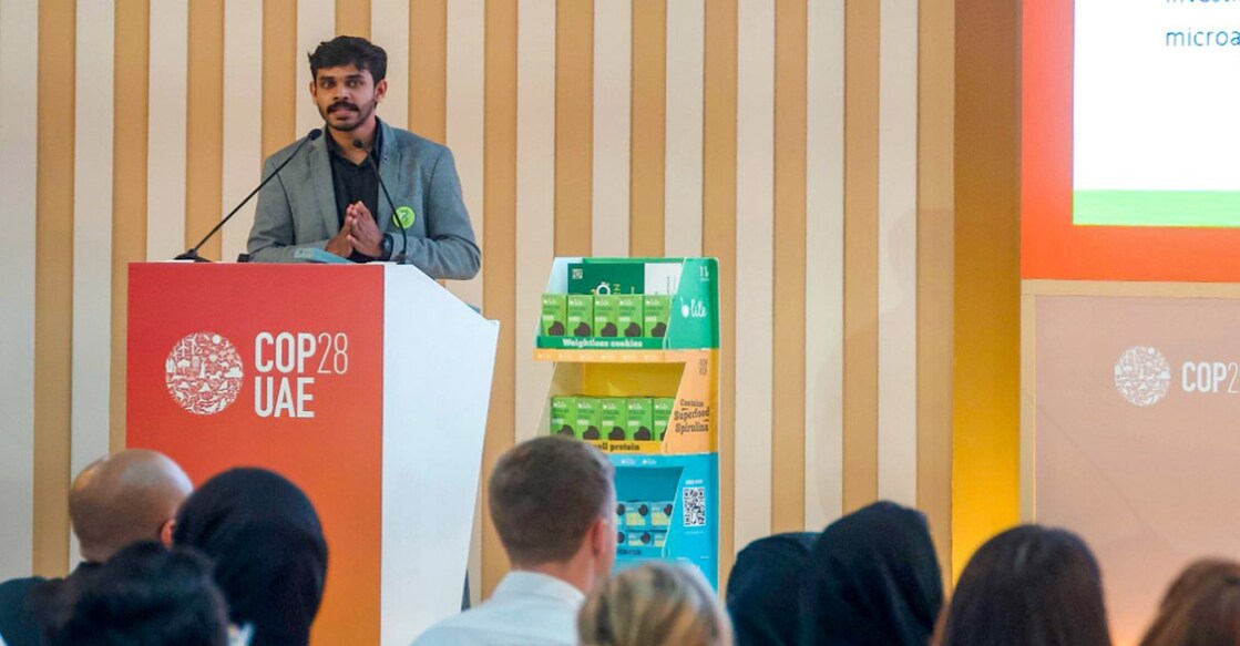 Najeeb Bin Haneef, founder and CEO of Zaara Biotech, gives a presentation at the at the recent United Nations Climate Change Conference (COP 28) in Dubai. Photo: Special arrangement