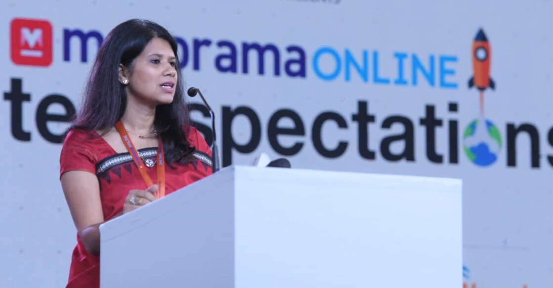 Mariam Mammen Mathew, CEO of Manoramaonline, speaking at the fifth edition of ‘Techspectations’, which is being held at Hotel Le Meridien, Kochi, on Friday. Photo: Manorama