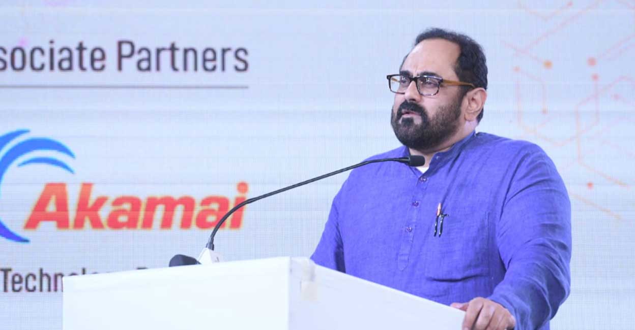 Union Minister of State for Electronics & Information Technology and Skill Development & Entrepreneurship Rajeev Chandrasekhar delivering the keynote address at Techspectations 2023. Photo: Manorama