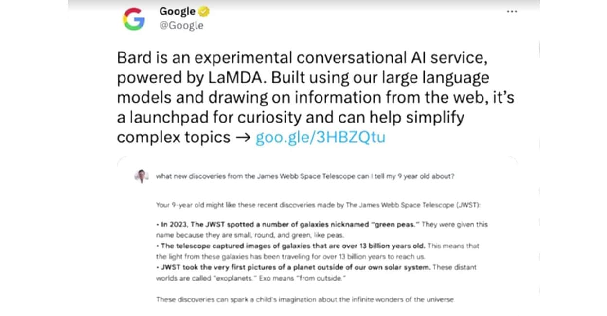 google-add Google tweets about its AI chatbot Bard in this screenshot obtained from social media, February 8, 2023. Photo: Twitter/Google via REUTERS