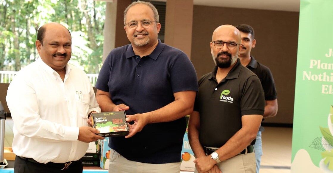 Dr Viju Jacob, Joe Fenn and Aju Jacob launch Pfoods plant-based products. Photo: Special arrangement