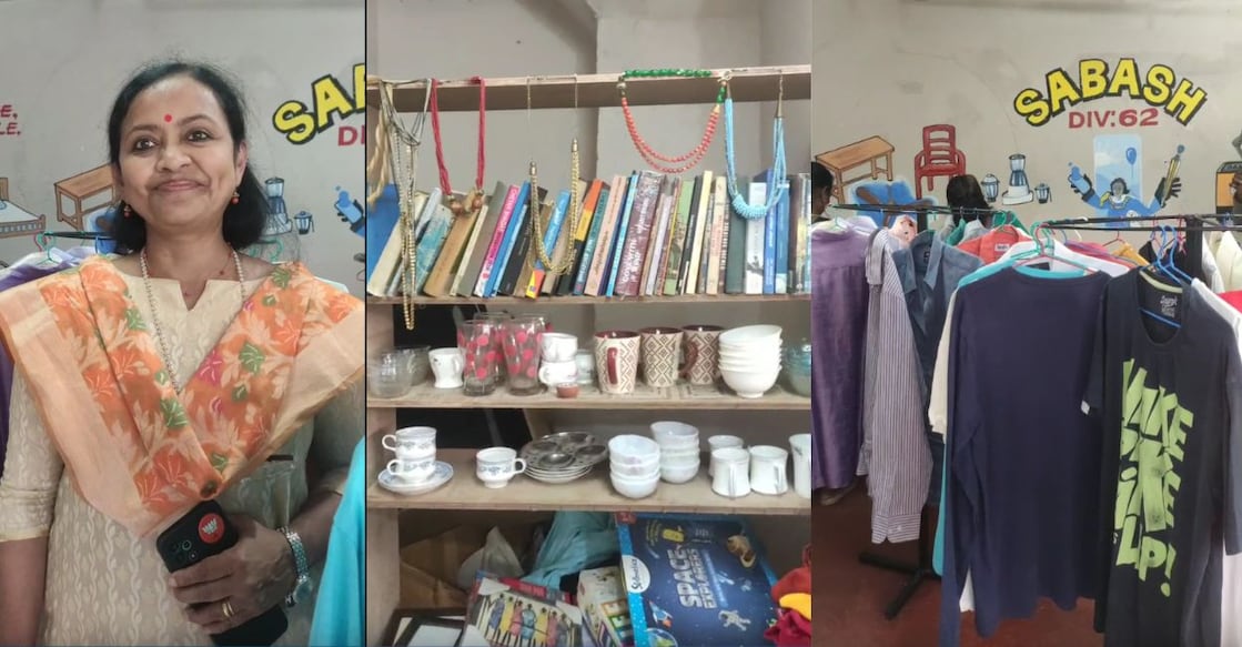 The swap store named 'Sabash' is a brainchild of Councillor Padmaja Menon (left). The items available in the store include used crockery, clothes an books. Photo: Onmanorama