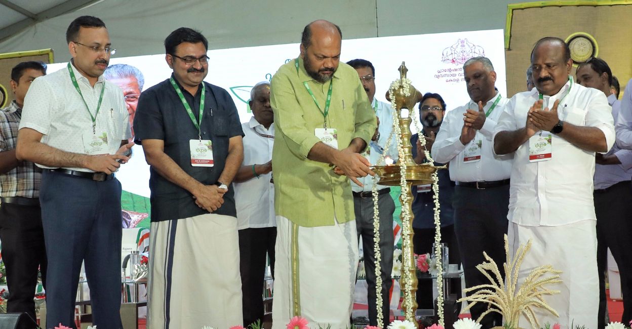 Minister for Law, Industries and Coir P Rajeeve inaugurates the second edition of Kerala Plantation Expo 2024 at Jawaharlal Nehru Stadium on Saturday. Industries and Commerce Director  S Harikishore, Mayor M Anil Kumar and T J Vinod MLA are also seen. Photo: Special Arrangement